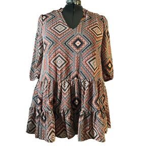 Tiered Babydoll Dress NWT Plus 1X Boho Cottagecore Medallion Print 4th of July